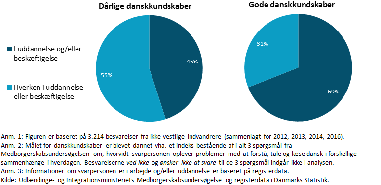Figur 1: 18-64-årige ikke-vestlige indvandrere, der hverken er i uddannelse eller beskæftigelse, fordelt på kvaliteten af deres danskkundskaber, pct.