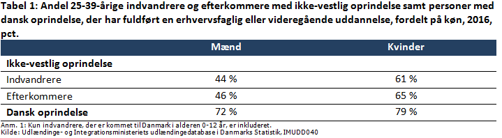 Tabel 1: Andel 25-39-årige indvandrere og efterkommere med ikke-vestlig oprindelse samt personer med dansk oprindelse, der har fuldført en erhvervsfaglig eller videregående uddannelse, fordelt på køn, 2016, pct.